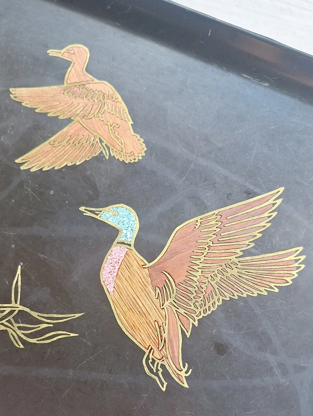 Vintage Couroc Of Monterey California Black Tray With Ducks Stone & Wood Inlay